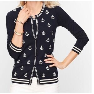 Talbots Nautical Navy Blue Anchor Print Button Front Cardigan Sweater Coastal XS